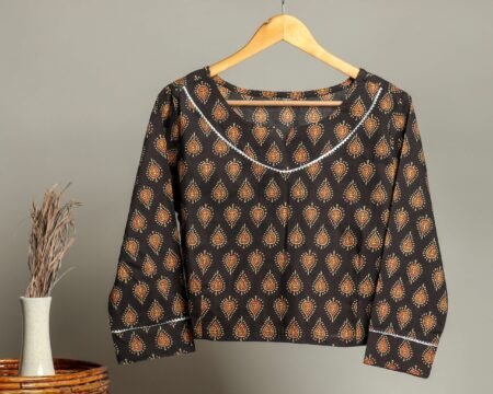 Handmade Block Print Cotton for Women - Ethnic Floral Printed Top with Long Sleeves