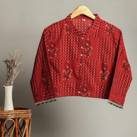 Hand Block Print Cotton Shirt for Women - Red Floral Printed Button-Down Top with Full Sleeves